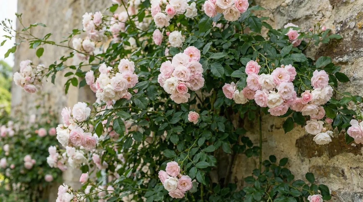 Rosa rampicante con fiori rosa e crema in grappoli, che ricopre un muro in pietra con foglie verdi