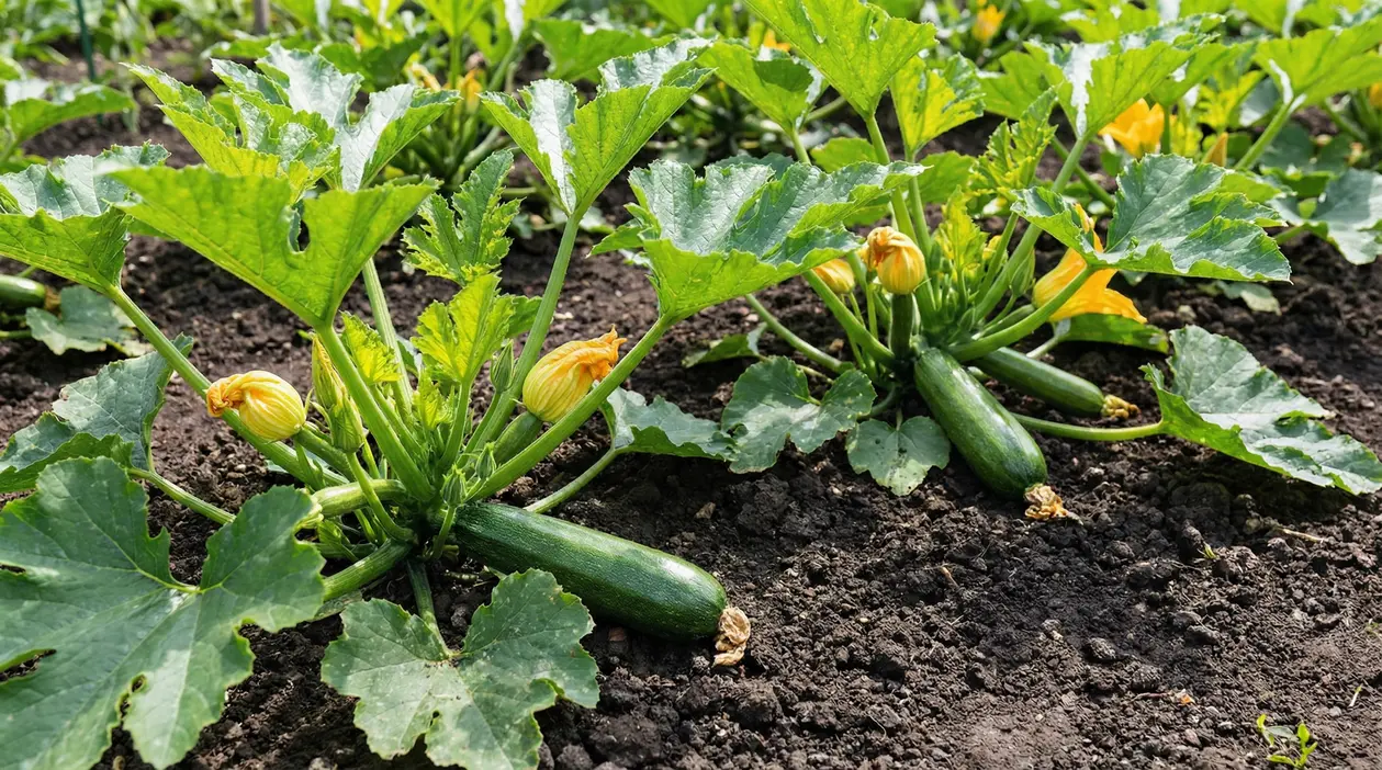 Piante di zucchine nell’orto con frutti verdi e fiori gialli su terreno scuro
