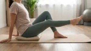 Persona seduta su tappetino che esegue un esercizio a gamba tesa per rinforzare il ginocchio a casa