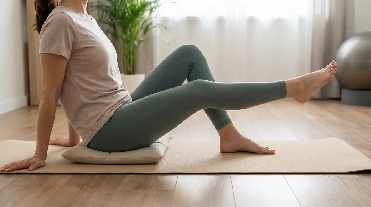Persona seduta su tappetino che esegue un esercizio a gamba tesa per rinforzare il ginocchio a casa