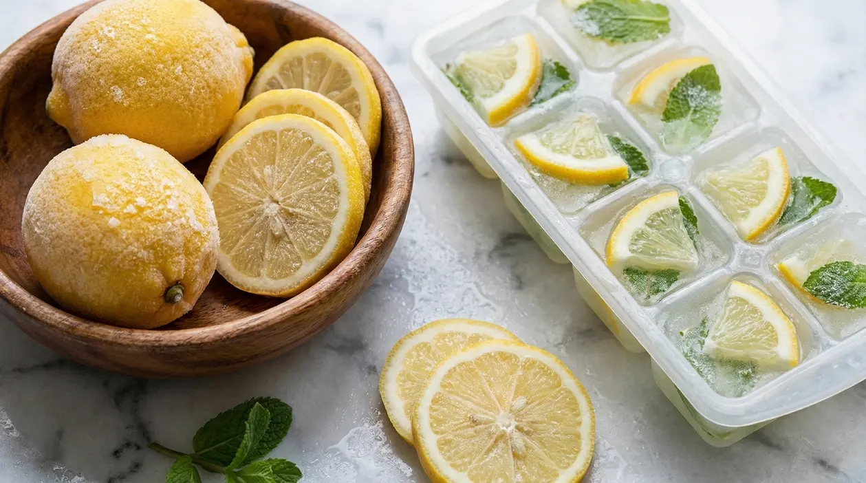 Limoni interi e a fette con brina, accanto a vaschetta per ghiaccio con spicchi di limone e menta