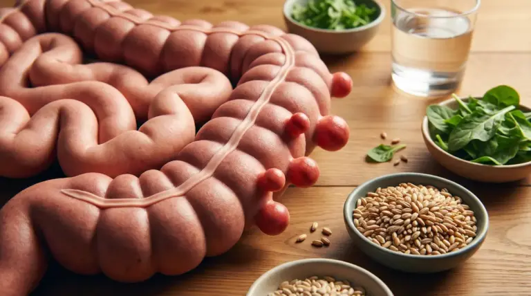 Illustrazione del colon con diverticoli su tavolo, accanto a ciotole di cereali integrali, verdure a foglia e un bicchiere d’acqua