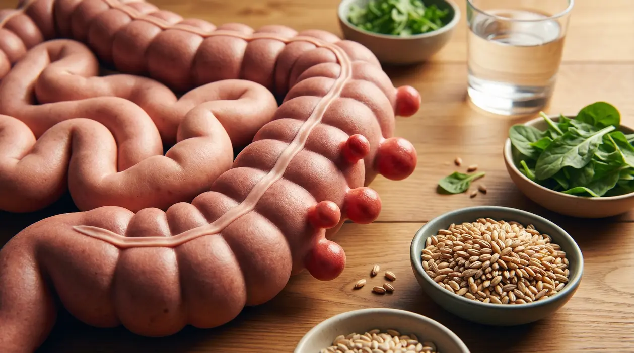 Illustrazione del colon con diverticoli su tavolo, accanto a ciotole di cereali integrali, verdure a foglia e un bicchiere d’acqua