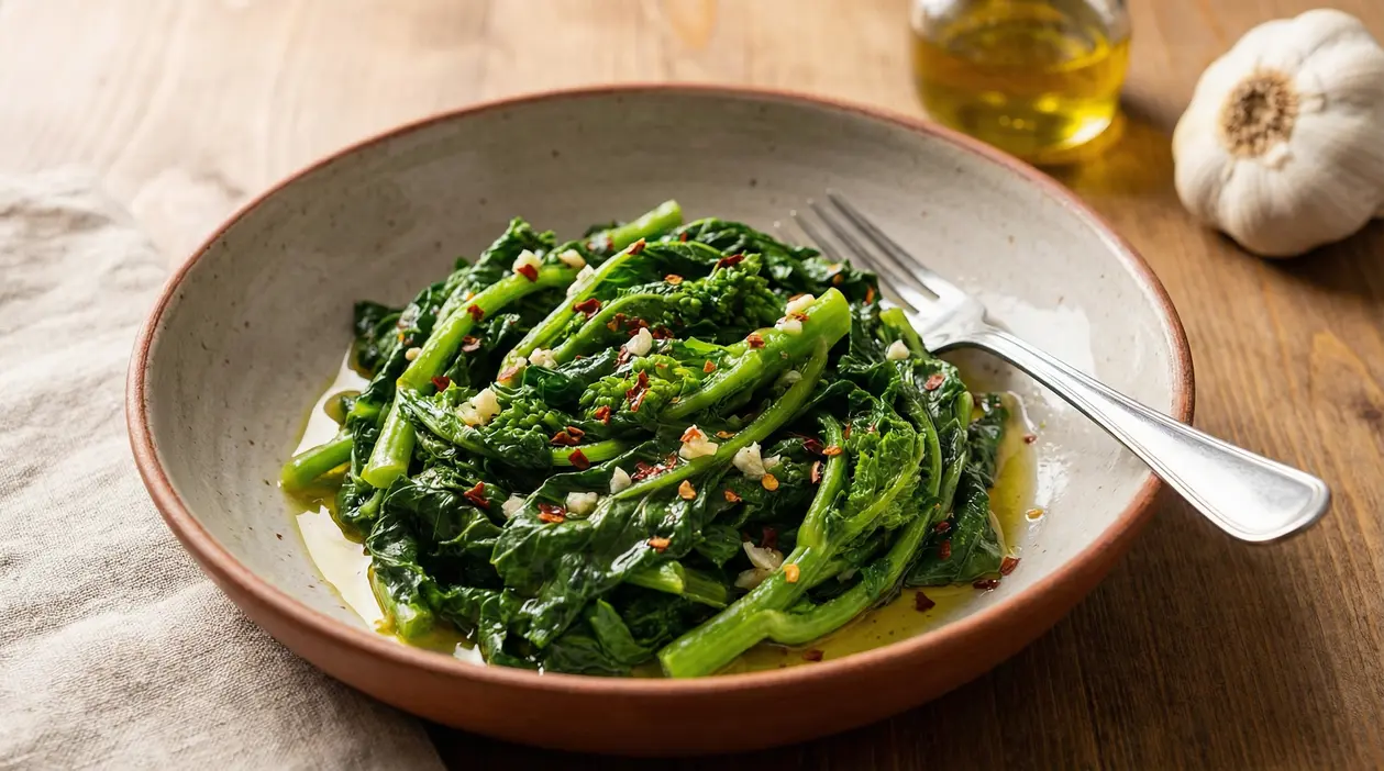 Piatto di cime di rapa saltate con olio extravergine d’oliva, aglio e peperoncino, servite in una ciotola