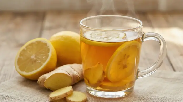 Tisana calda zenzero e limone in tazza di vetro con fette di limone e zenzero su tavolo in legno