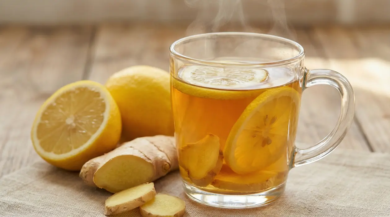 Tisana calda zenzero e limone in tazza di vetro con fette di limone e zenzero su tavolo in legno