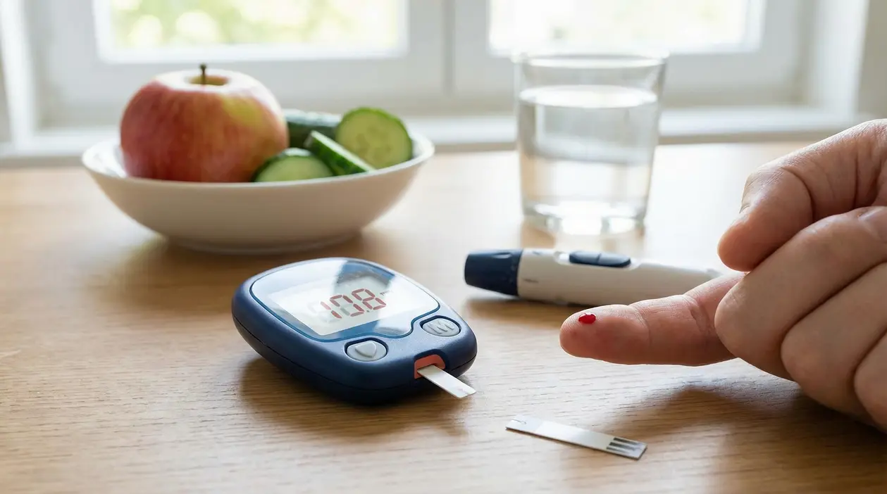Misurazione della glicemia con glucometro: dito con goccia di sangue, strisce reattive e snack salutare sul tavolo