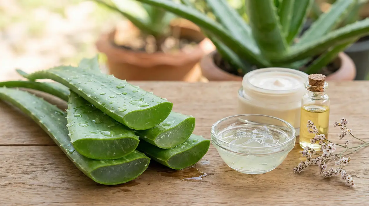 Foglie di aloe vera tagliate con gel in ciotola, accanto a crema e olio su un tavolo di legno