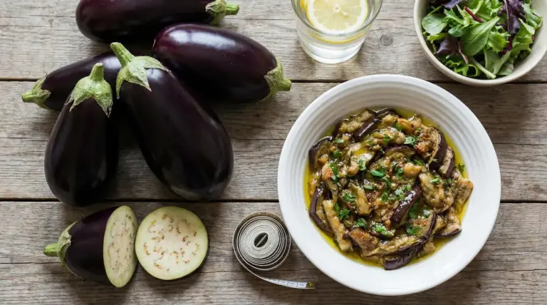 Melanzane fresche e piatto di melanzane cotte con erbe e olio, con insalata e acqua al limone sul tavolo