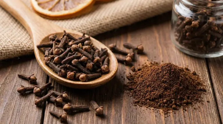 Chiodi di garofano interi in un cucchiaio di legno e polvere di chiodi di garofano su tavolo rustico