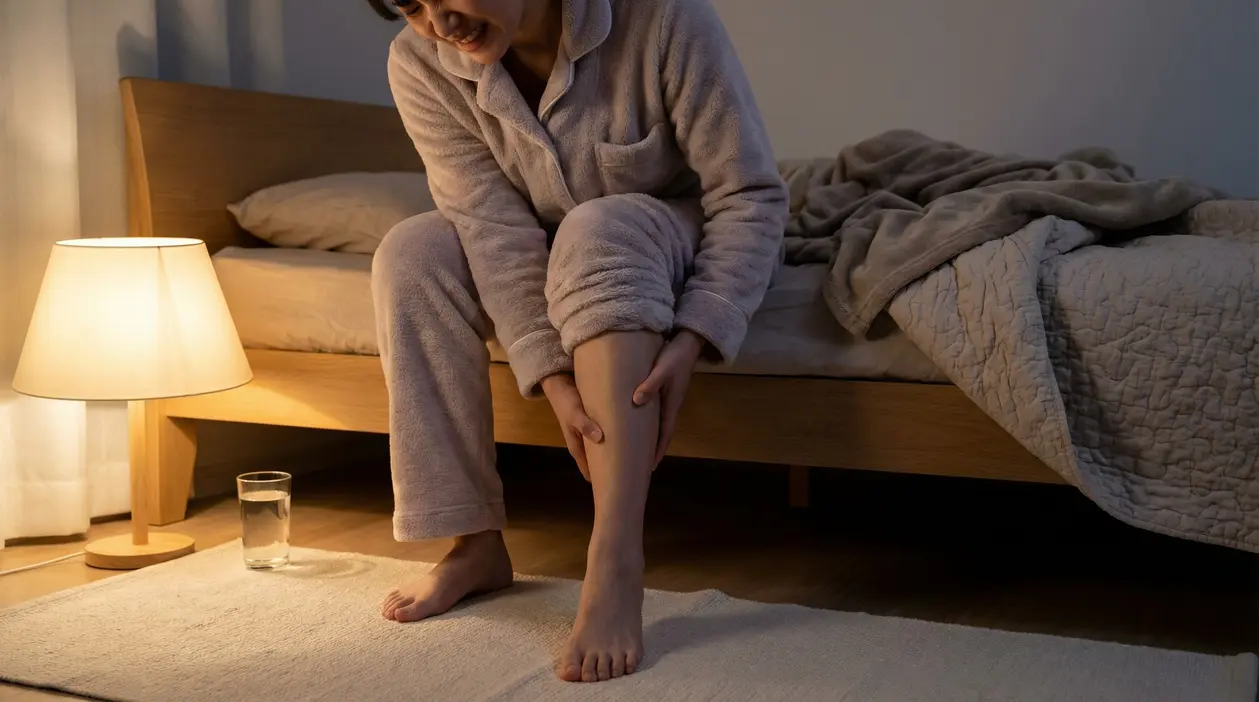 Persona seduta sul letto massaggia il polpaccio dolorante di notte, in camera da letto con lampada accesa