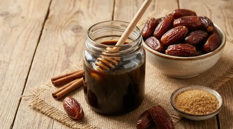 Barattolo di sciroppo di datteri con cucchiaio, accanto a datteri interi e zucchero di canna su tavolo in legno