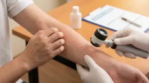 Dermatologo visita un avambraccio con eruzione cutanea e prurito usando un dermatoscopio