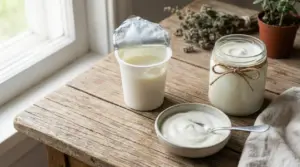 Yogurt bianco in vasetto aperto, barattolo di vetro e ciotola con cucchiaio su tavolo di legno vicino a una finestra