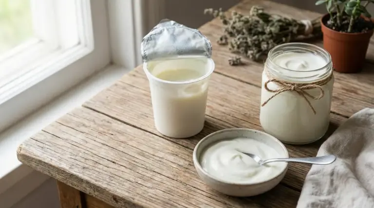 Yogurt bianco in vasetto aperto, barattolo di vetro e ciotola con cucchiaio su tavolo di legno vicino a una finestra