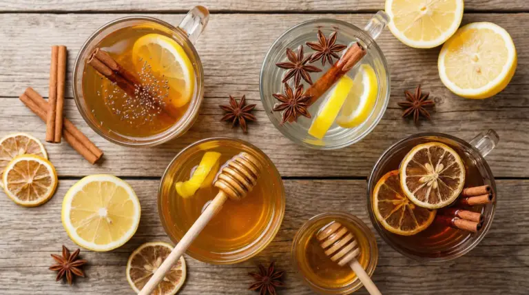 Tazze con bevande calde, cannella e fette di limone su tavolo di legno, con spezie e miele