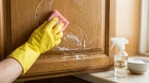 Mano con guanto giallo pulisce un mobile da cucina in legno con spugna e detergente contro il grasso