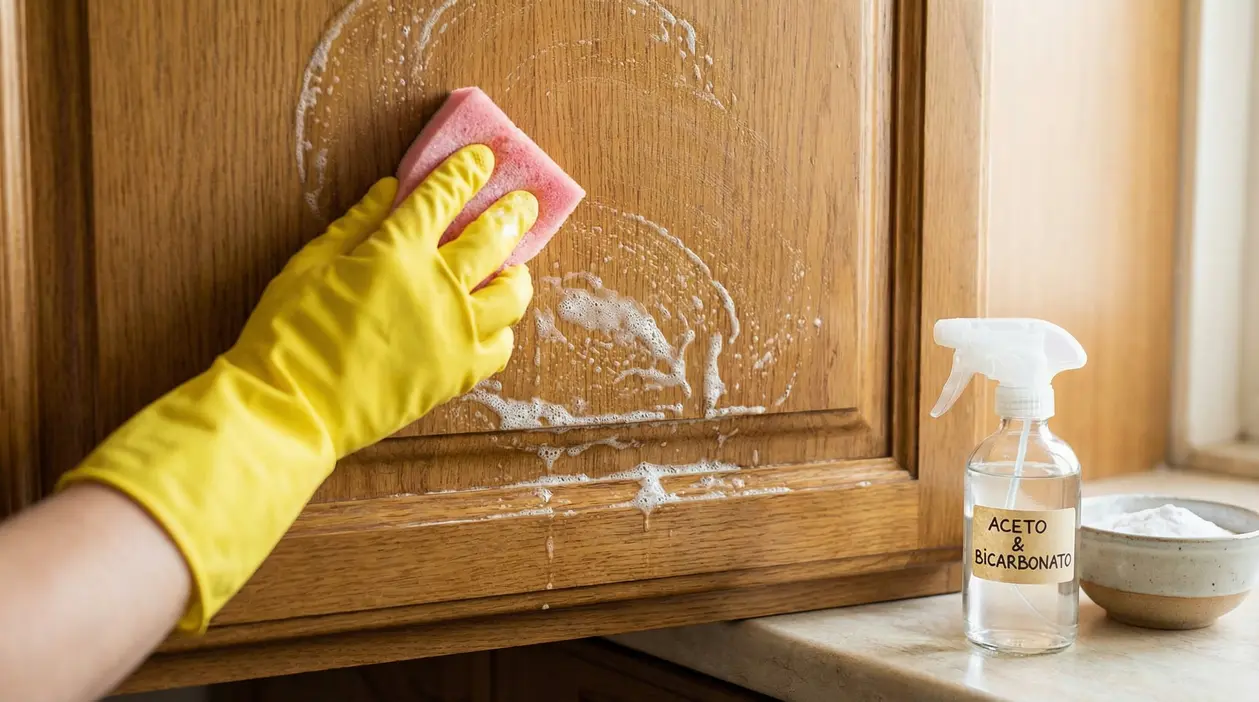 Mano con guanto giallo pulisce un mobile da cucina in legno con spugna e detergente contro il grasso