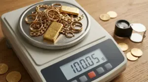 Gioielli e lingotti d’oro su una bilancia digitale che indica 100 grammi, per stimare il valore dell’oro usato