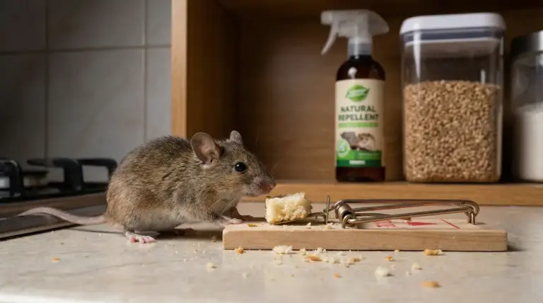 Topo vicino a una trappola con esca di pane sul pavimento della cucina, con contenitori di cibo sullo sfondo