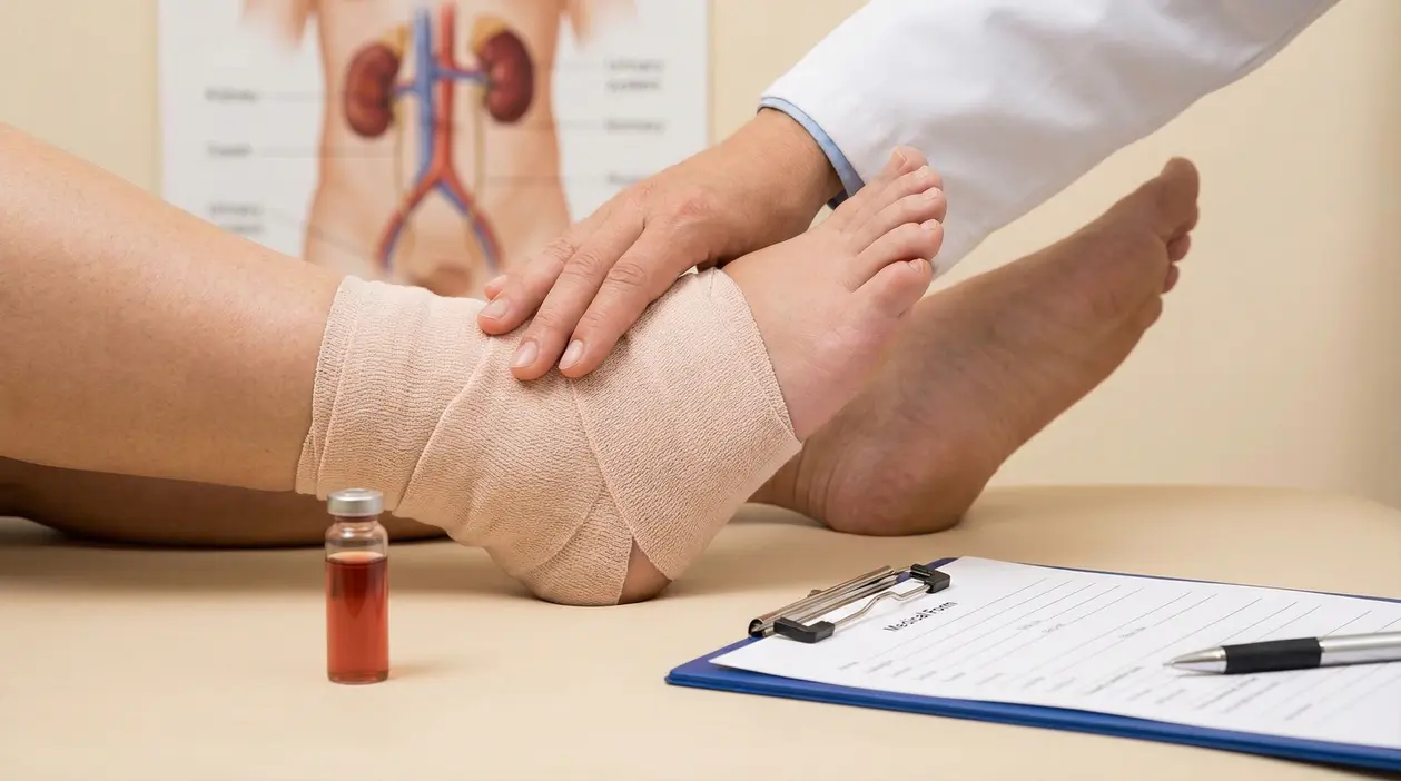 Medico che controlla una caviglia bendata su lettino, con poster dei reni sullo sfondo e cartella clinica
