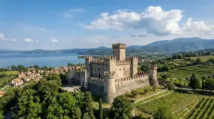 Castello medievale con torri merlate su una collina, con lago e montagne sullo sfondo in una giornata di sole
