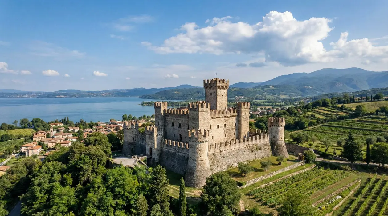 Castello medievale con torri merlate su una collina, con lago e montagne sullo sfondo in una giornata di sole