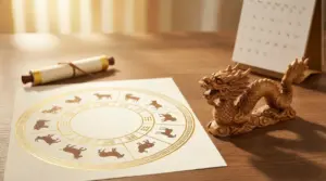 Ruota dei segni dell’oroscopo cinese su un tavolo con statuetta di drago e calendario sullo sfondo