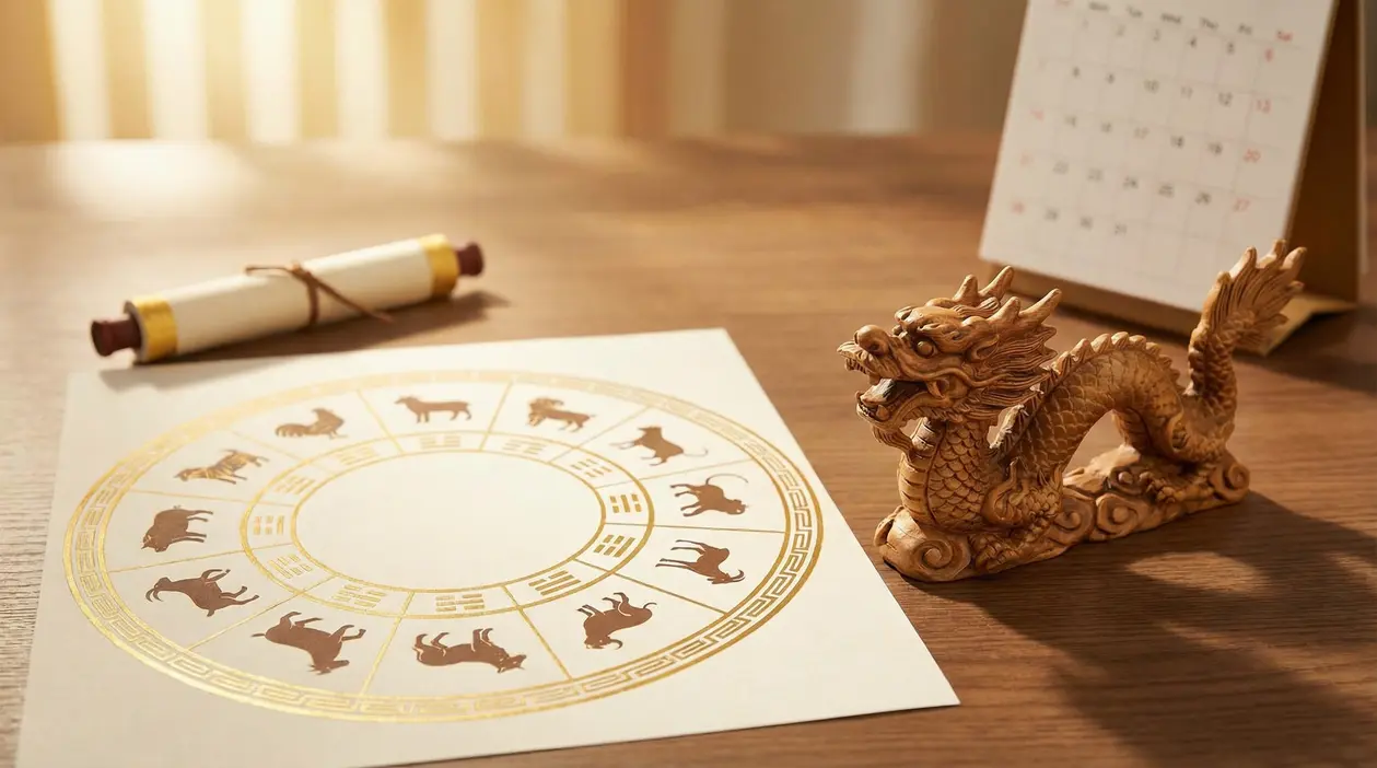 Ruota dei segni dell’oroscopo cinese su un tavolo con statuetta di drago e calendario sullo sfondo
